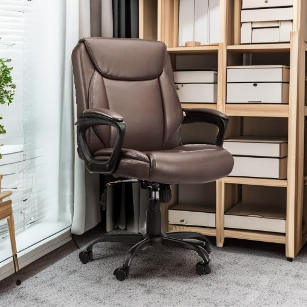 Brown leather executive chair in storage room